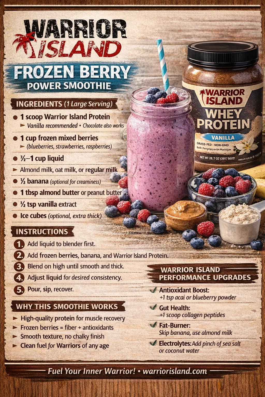 Warrior Island Frozen Berry Power Smoothie recipe card