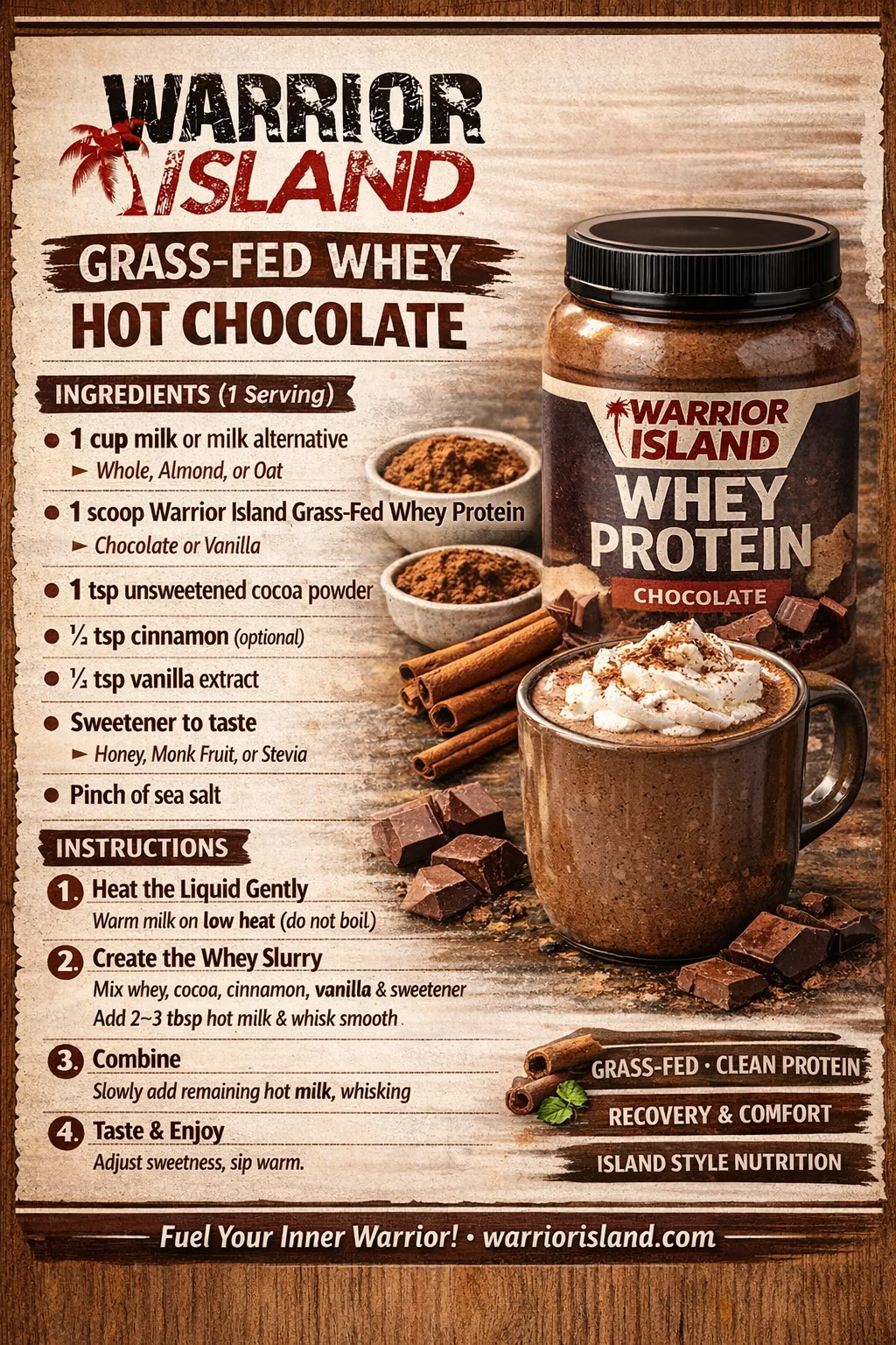 Warrior Island Grass-Fed Whey Hot Chocolate recipe card