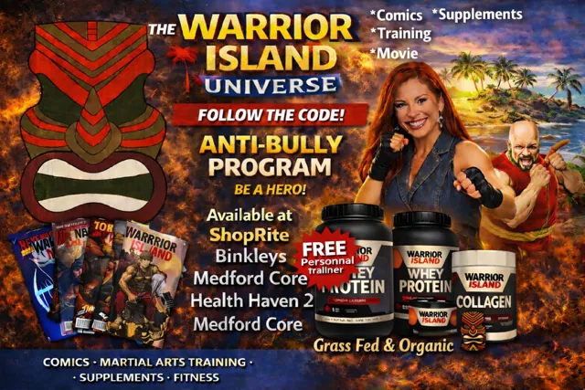 The Warrior Island Universe — comics, supplements, training, and movie. Available at ShopRite, Binkley's, Medford Core, and Health Haven 2.